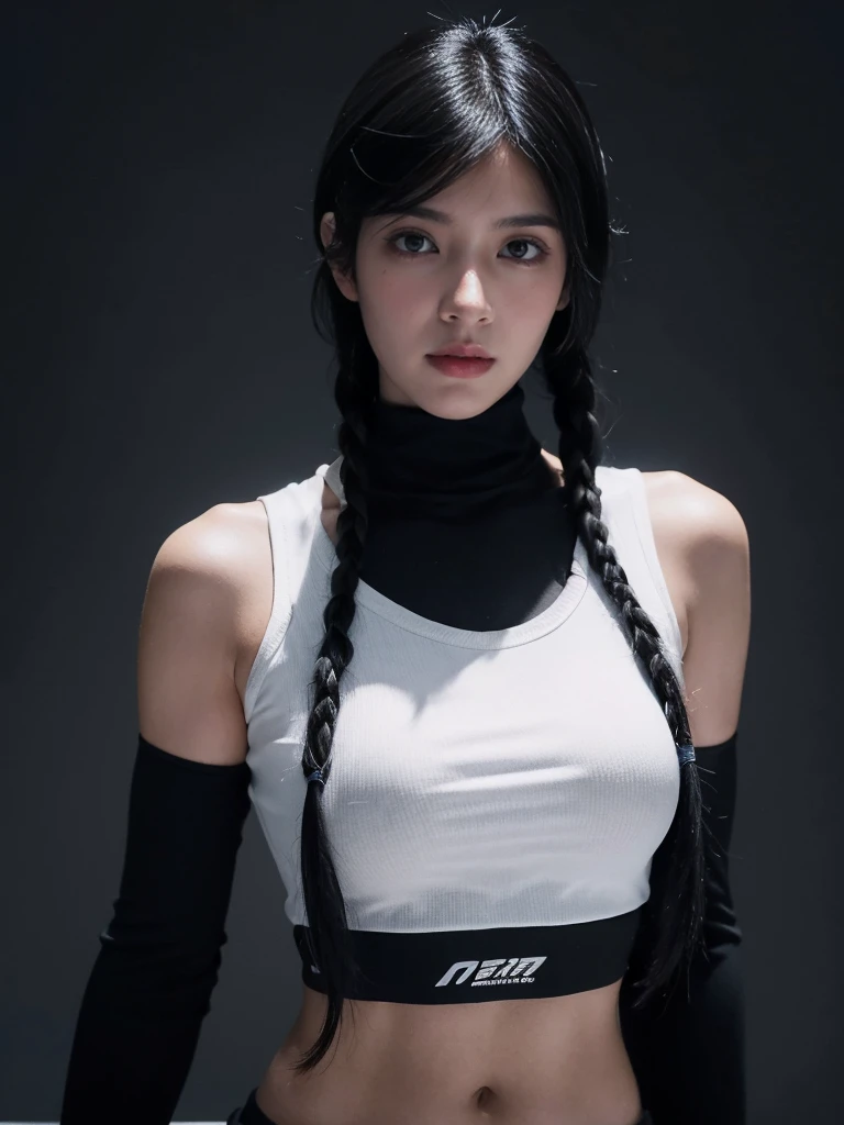 A stunning intricate full color portrait of (sks woman:1), wearing a black t-shirt with cropped in the belly part, cropped turtleneck, dark plain background, epic character composition, by ilya kuvshinov, alessio albi, nina masic, sharp focus, natural lighting, subsurface scattering, f1.8, 35mm, film grain, black braided hair inspired by Pharah Overwatch, (((black hair))), side bang, best hair, small to medium bust