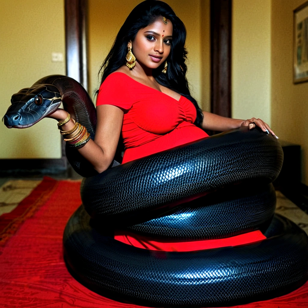 Pregnant Happy Horny, aroused 1girl), beautiful kneeling indian young teen girl with giant colossal black titanboa squeezing her hard, wrapped in thick spiraling coils, constricted, struggle, gasping for air, snake attack, snake peril, moonless night, dim light