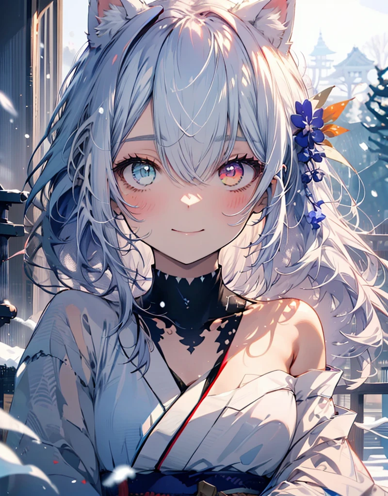 [[[ ultra-detailed, best quality, soft skin, beautiful, 4K]]] white hair, ((white cat ears)), perfect blue and red eyes (heterochromia, tied-up hair, slender body, dynamic angle, white choker, white and blue upper loose kimono (off shoulders kimono ) , white fox ears, calm expression, female, snowy palace gardens background, serious). walking angle, ((little horny smile)), bare shoulders,  easy like, scenery, sexy pose