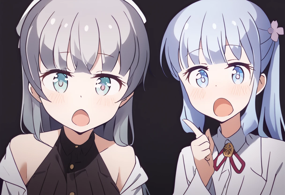 2girls, multiple girls,aoba suzukaze, Hifumi takimato, girls' frontline clothes, Two soyjaks pointing \(meme\), meme, surprised, open mouth, looking at viewer, masterpiece, best quality, very aesthetic, absurdres, transparent background