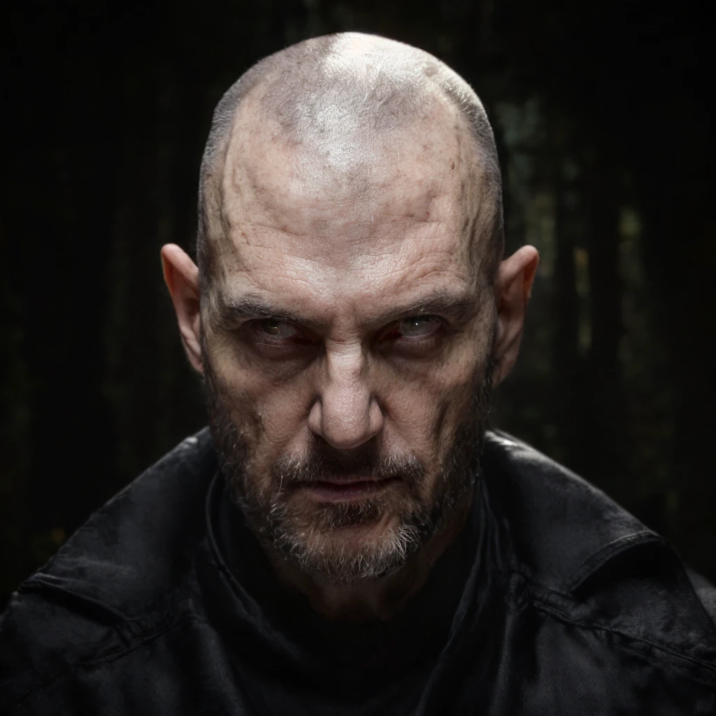 (masterpiece)+, (extremely (realistic)+,a portrait of an ugly adult male cultist, bald, Maniacal cold stare. Looking in camera. volumetrics dtx, Photorealistic, ultra detailed, Artstation trending, very very detailed, realistic shaded lighting, dynamic shadows, detailed Dark forest background, upper body, professional photograph of a detailed skin, sharp focus, dramatic, award winning, cinematic lighting, octane render, unreal engine, volumetrics dtx, Photorealistic, ultra detailed, Artstation trending, very very detailed, hyperrealistic, fine details, realistic shaded lighting, dynamic shadows, Dark forest background, add_detail:1, skin pores and wrinkles, details.,More Reasonable Details