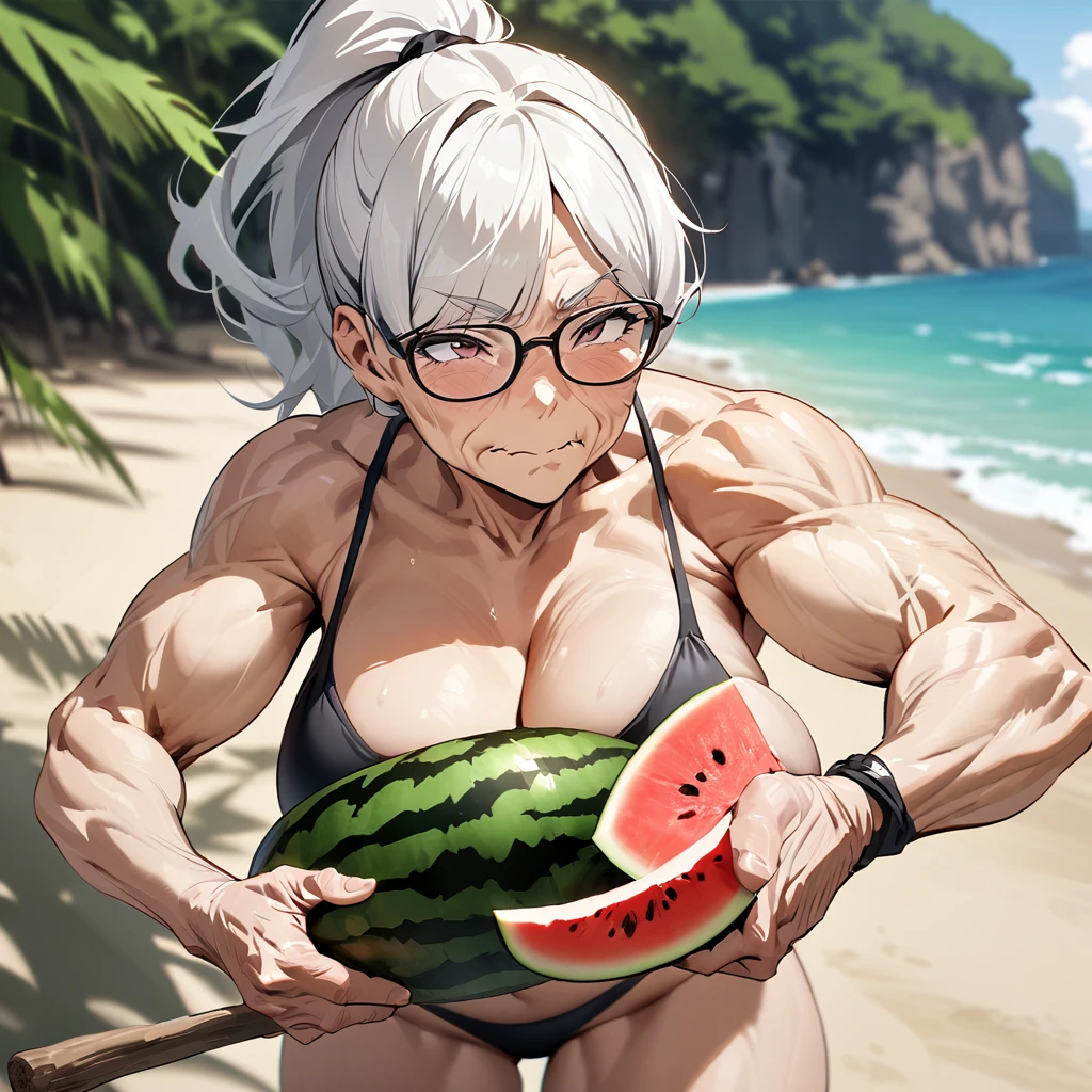 Top quality, masterpiece, 70 years old, muscular old woman, wrinkles on face, glasses, white hair, ponytail, splitting watermelon, holding wooden stick, sandy beach, sea
