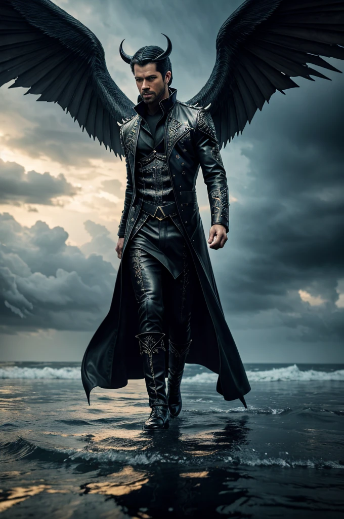 realistic photo of a giant mysterious male angel with his head down and black wings closed inside the raging sea, sky with lots of clouds and falling fireballs and lots of lightning bolts