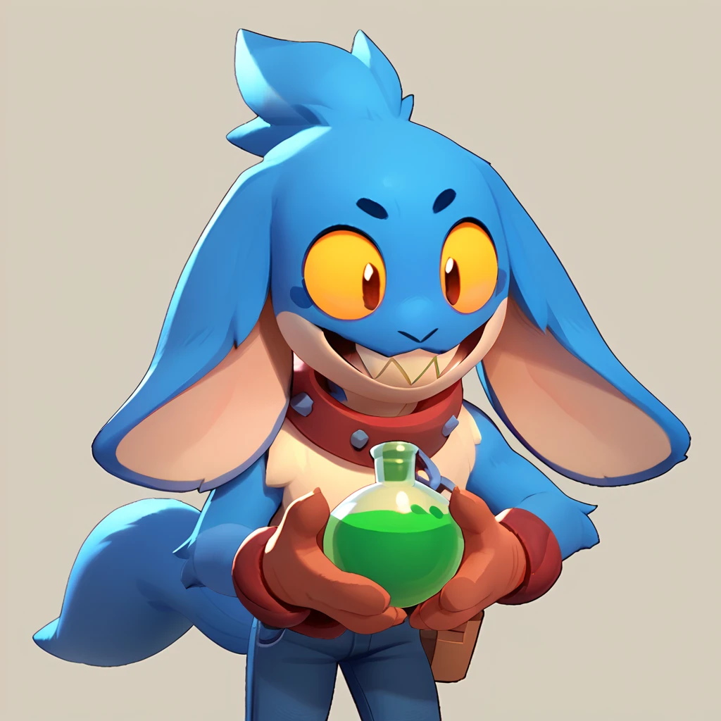 a round creature with blue fur, male, long ears, smiling, sharp teeth, wearing jeans, friendly round creature, holding a green potion in his hand