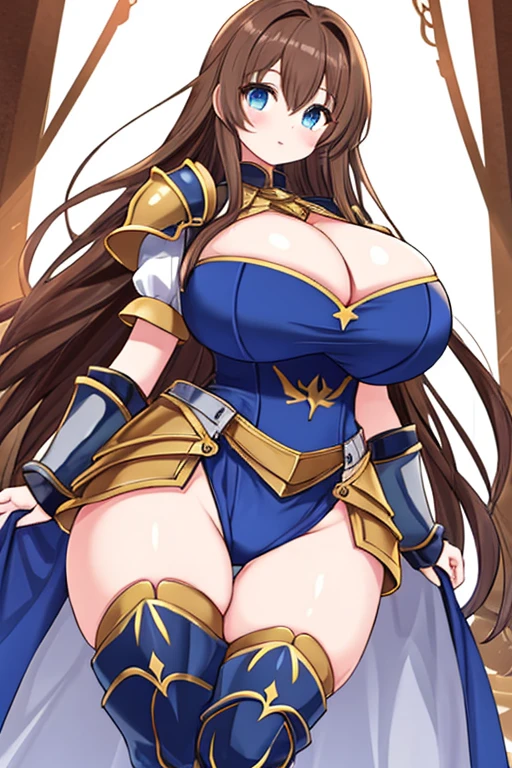 A Beautiful Female Knight. She has Long Brown Hair, Beautiful Blue Eyes, Huge Breasts, Enormous Breasts, very thicc, and is very curvy. Her Armor Accentuates her drastically Exaggerated Curves,