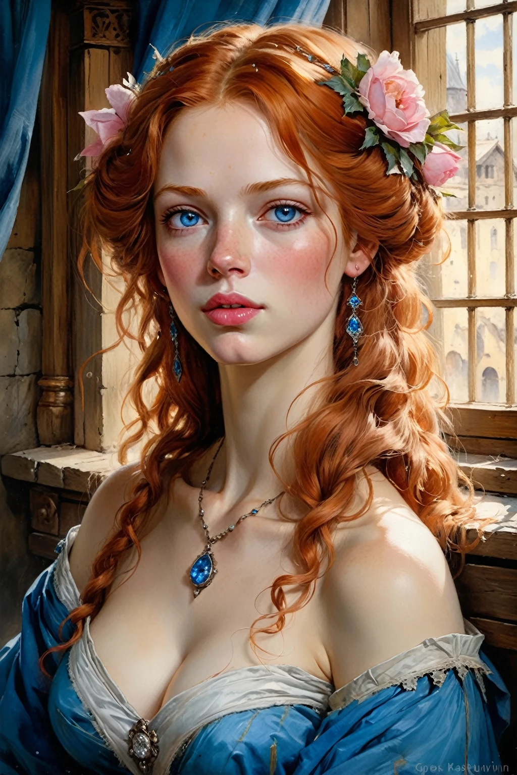 Victorian Hungarian women Women of the 14th century, Ginger hair, Pink lips, Nice feature, Wadim Kashin, james gurney, ink, Splash Art", Amazing beauty , Royo, after sexing, Super detailed splash art modern European oil ink painting, Mid Gorgeous chests, Gorgeous Body, oil painting, Light Diamond Blue eyes, Blush, Greg Rutowski, (no NSFW image).