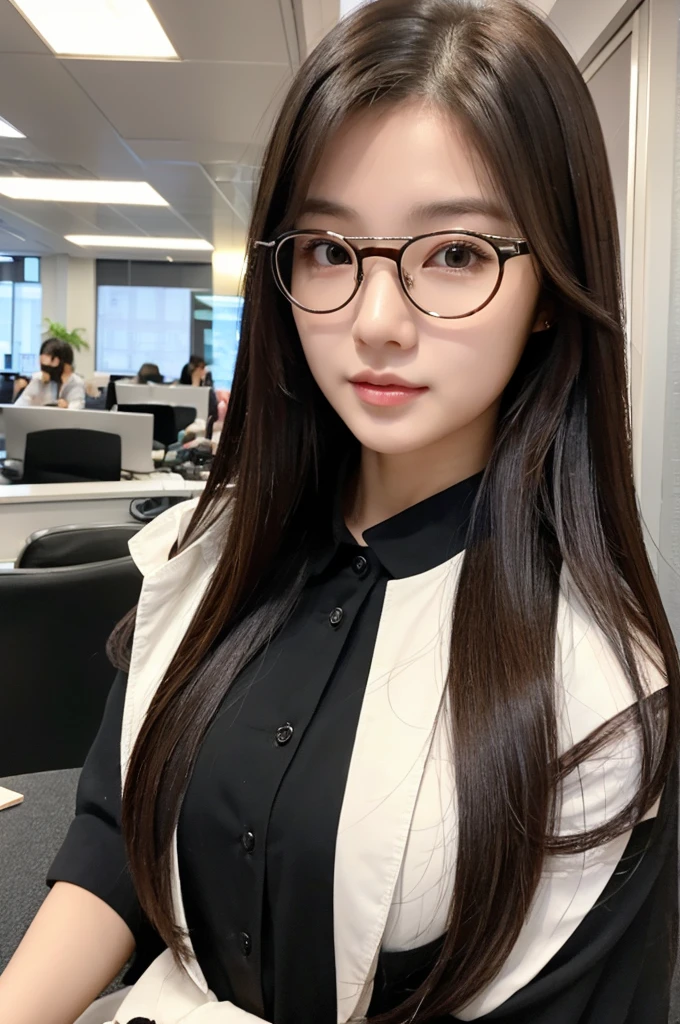 {2.5D art style} Han Julie is a young Korean woman in her 28s. Her hair is long in a dark color. Her face is oval and marked by her large brown eyes, which carry a cold, unexpressive face. Her skin is radiant and clear, presenting an impeccable state of health and her curved lips. Her height is medium, her body athletic and defined, with the most charming and provocative. It contrasts and matches their personalities. She is in her office at the company in the night, wearing a pair of glasses with black shirt