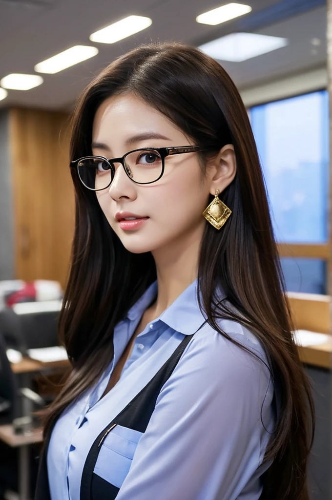 {2.5D art style} Han Julie is a young Korean woman in her 28s. Her hair is long in a dark color. Her face is oval and marked by her large brown eyes, which carry a cold, unexpressive face. Her skin is radiant and clear, presenting an impeccable state of health and her curved lips. Her height is medium, her body athletic and defined, with the most charming and provocative. It contrasts and matches their personalities. She is in her office at the company in the night, wearing a pair of glasses with black shirt