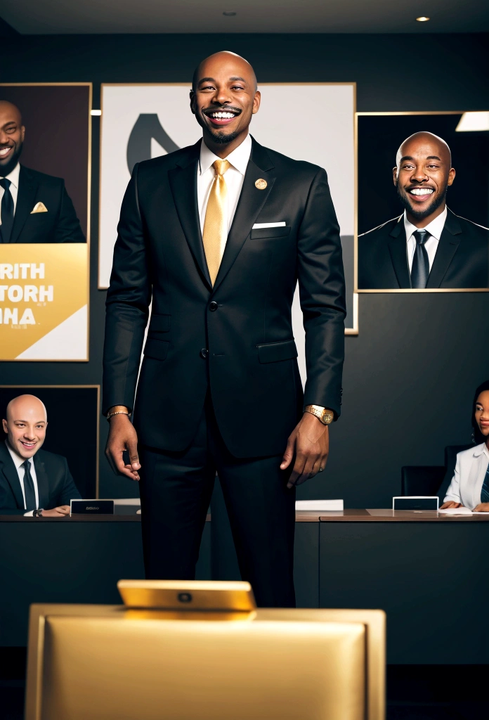 bald black man hip hop executive in suit and tie in large conference room with posters. ((he is smiling with a gold tooth in his mouth:1.2)) 