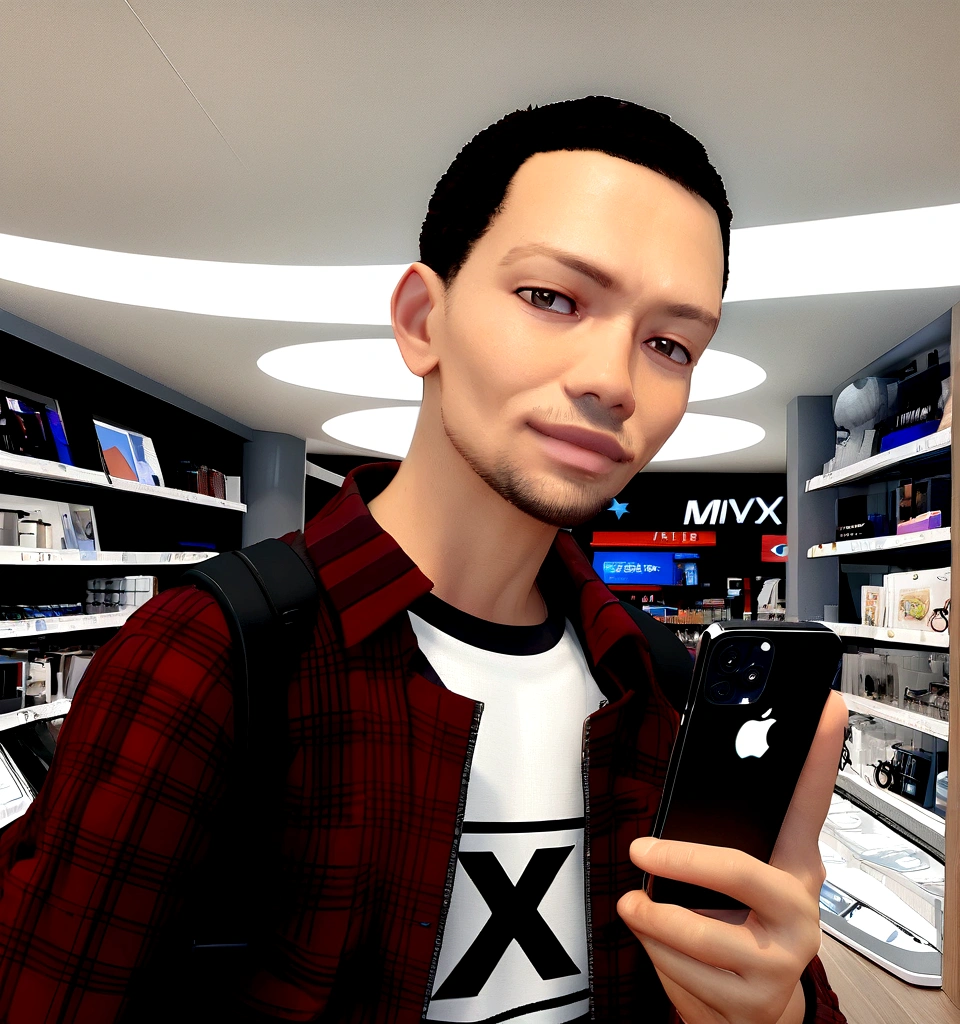 man holding a black iphone 12 in his hand and in the background of the image a technological product store. Pixar rendered image, 3D drawing