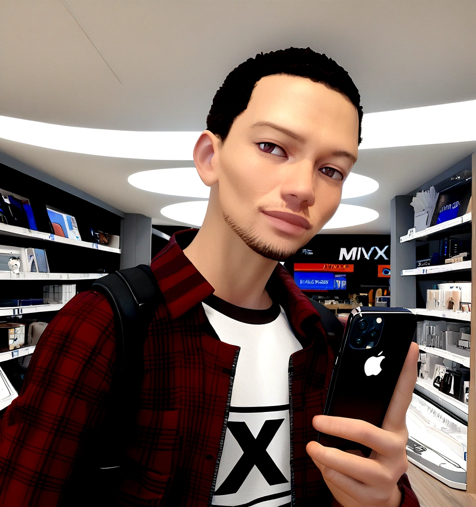 man holding a black iphone 12 in his hand and in the background of the image a technological product store. Pixar rendered image, 3D drawing