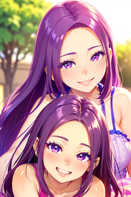 (seira sodeshiro) (highest quality) (very sensual, positive energy) ((2 people)) (delicate face) (long disheveled hair) ((tanned skin)) (penetrating look) ((extremely pretty)) (they are close to you)) ((teasing you with their hair)) ((your pov)) ((lively colours)) ((loveliest)) ((they are seductively smiling at you)) ((she is with her magicami daughter)) ((loving expression))
