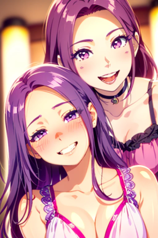 (seira sodeshiro) (highest quality) (very sensual, positive energy) ((2 people)) (delicate face) (long disheveled hair) ((tanned skin)) (penetrating look) ((extremely pretty)) (they are close to you)) ((teasing you with their hair)) ((your pov)) ((lively colours)) ((loveliest)) ((they are seductively smiling at you)) ((she is with her magicami daughter)) ((loving expression))
