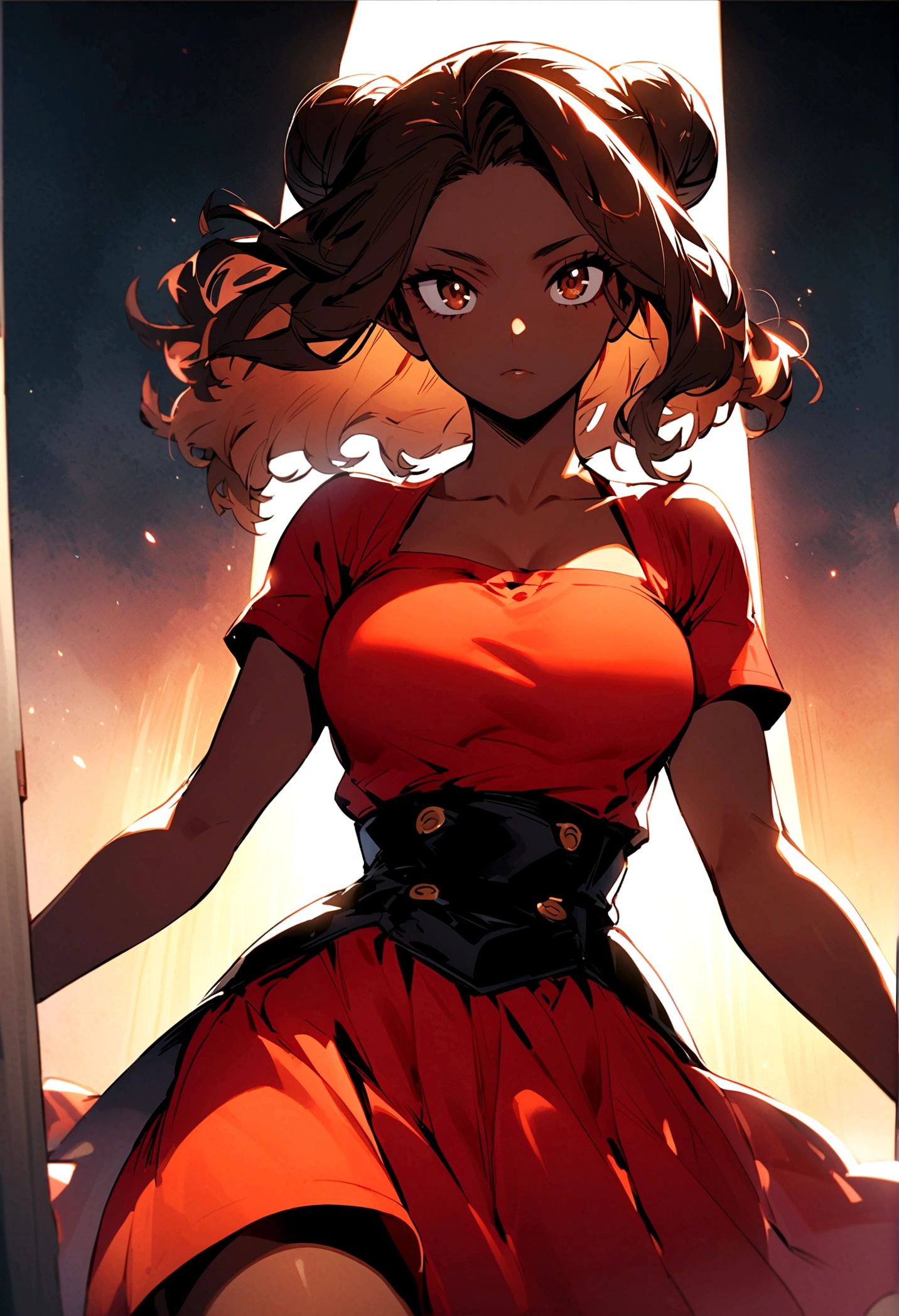 My Hero Academia Capture female with long waist length curly black, bun, brown irises, red tube top dress skirt, caramel colored skin