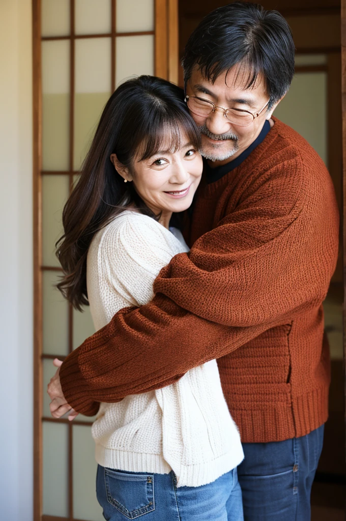 50-year-old husband,45-year-old wife,Japanese,hug