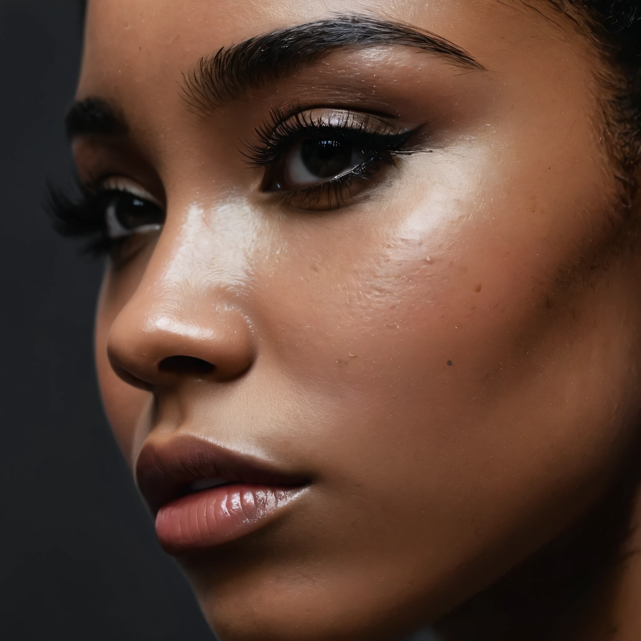close up and zoomed in on a beautiful depressed emotional sad crying black girl and a black background, sad, depressed, emotional, close up on side profile only showing cheek and eyelight falling on face, noir photorealism, mysterious portrait of a woman, chiaroscuro portrait, close up on side profile, tinashe, zoe kravitz, zoomed in on tear drop, euphoria vibes, black and white, dark