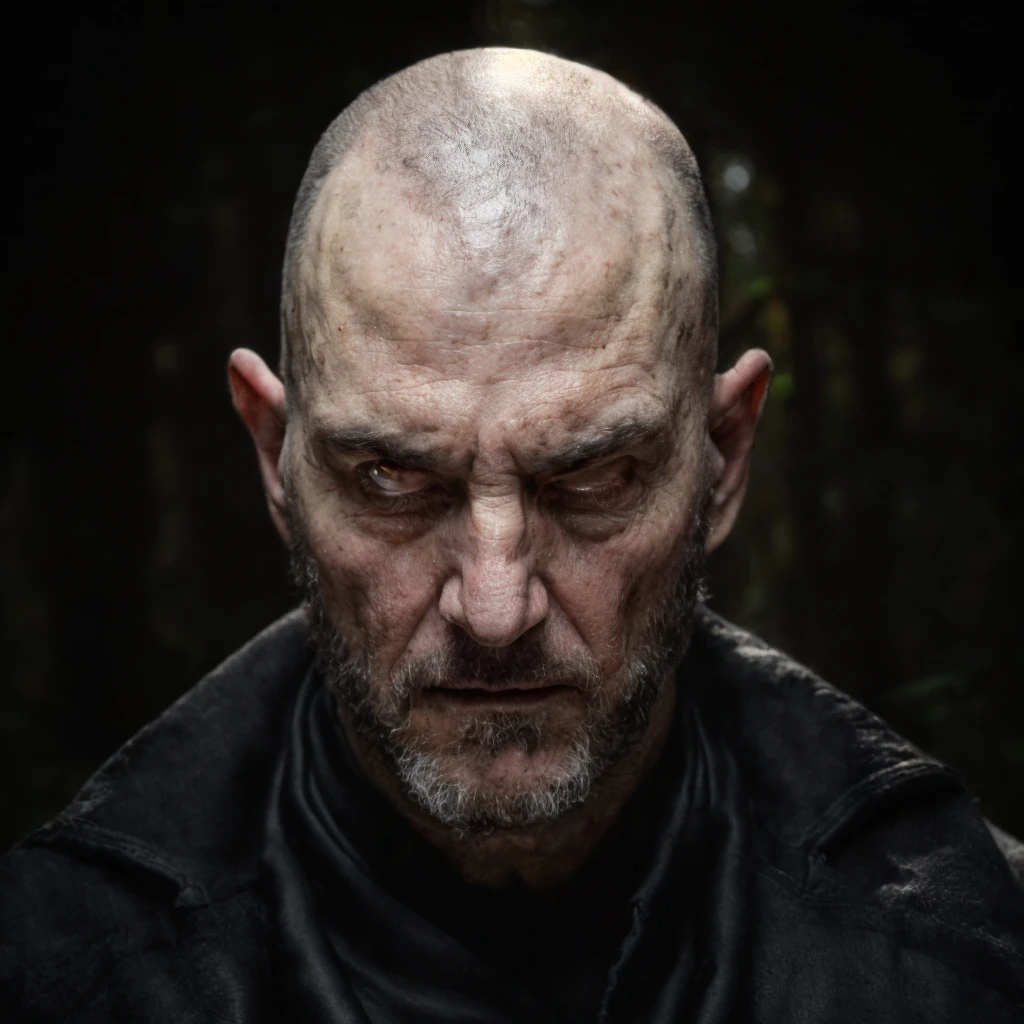 (masterpiece)+, (extremely (realistic)+,a portrait of an ugly adult male cultist, bald, Maniacal cold stare. Looking in camera. volumetrics dtx, Photorealistic, ultra detailed, Artstation trending, very very detailed, realistic shaded lighting, dynamic shadows, detailed Dark forest background, upper body, professional photograph of a detailed skin, sharp focus, dramatic, award winning, cinematic lighting, octane render, unreal engine, volumetrics dtx, Photorealistic, ultra detailed, Artstation trending, very very detailed, hyperrealistic, fine details, realistic shaded lighting, dynamic shadows, Dark forest background, add_detail:1, skin pores and wrinkles, details.,More Reasonable Details