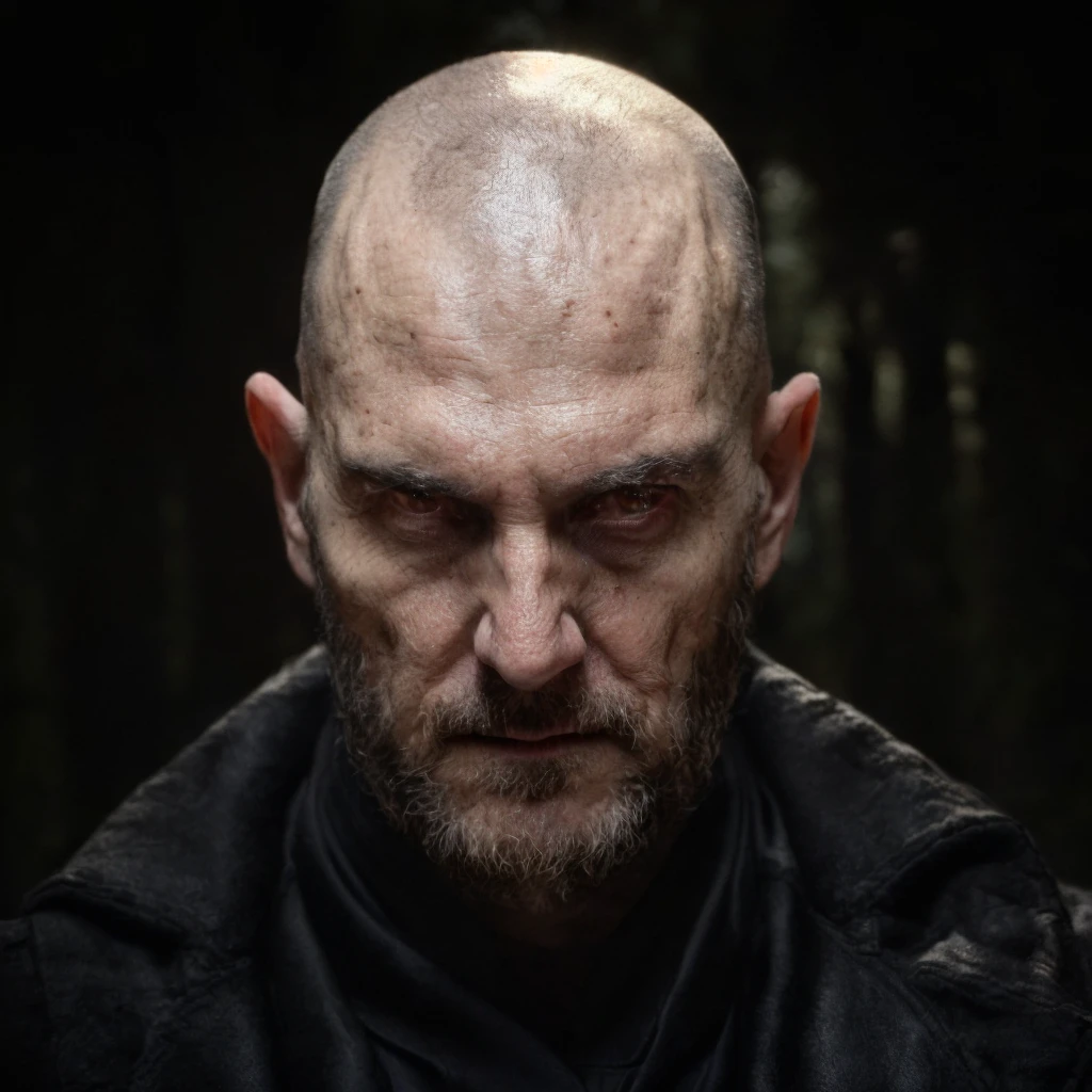 (masterpiece)+, (extremely (realistic)+,a portrait of an ugly adult male cultist, bald, Maniacal cold stare. Looking in camera. volumetrics dtx, Photorealistic, ultra detailed, Artstation trending, very very detailed, realistic shaded lighting, dynamic shadows, detailed Dark forest background, upper body, professional photograph of a detailed skin, sharp focus, dramatic, award winning, cinematic lighting, octane render, unreal engine, volumetrics dtx, Photorealistic, ultra detailed, Artstation trending, very very detailed, hyperrealistic, fine details, realistic shaded lighting, dynamic shadows, Dark forest background, add_detail:1, skin pores and wrinkles, details.,More Reasonable Details