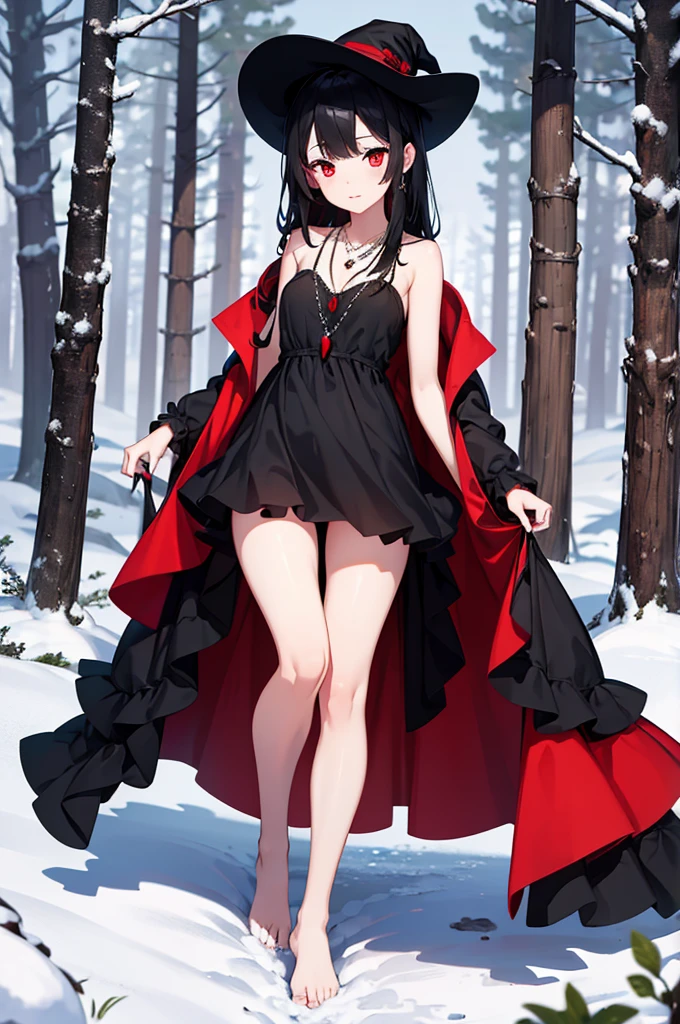 
a beautiful and sexy witch in the middle of a snowy forest, young girl, small breasts, short black dress, necklaces, jewelry decorations, red and black hair, red eyes, full body, bare feet