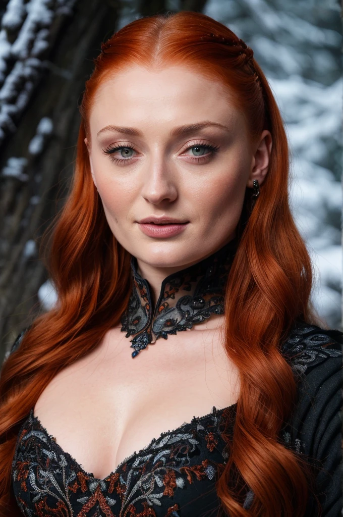 Face of Sophie Turner, Sansa Stark played by Sophie Turner, the de facto Lady of the Eyrie, is a 45-year-old mature queen with a stunning, alluring appearance. Full Face, Full figured woman, heavy physique, thick thighs, pierced eyes, reddish lips, upper body shot, erotic Mediaeval costumes, game of thrones costumes, She wears a Game of Thrones-inspired costume and has a deep cleavage, a perfect thick body, and a perfect thick figure. The photograph captures her in a close-up, with her skin texture and facial features being ultra-realistic and realistic. Juicy thick figure, high quality skin, Skin pores, amazing details, snow, snow flakes, semi realistic, extremely detailed eyes, dark moody orange and black settings, cool environment, artificial intelligence, winter, winter scene, insane details, 