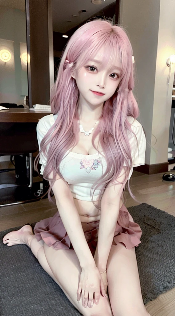 full body,a anime girl sitting spread legs on the bed, 1girl,{topless:1.1},solo,navel, open mouth, looking at viewer,shirt, large breasts,blush,{embarrassed:1.5},{gal:1.5},front shot,pink bra,pink panties,front shot,center,black hair,medium breasts,light pink eyes