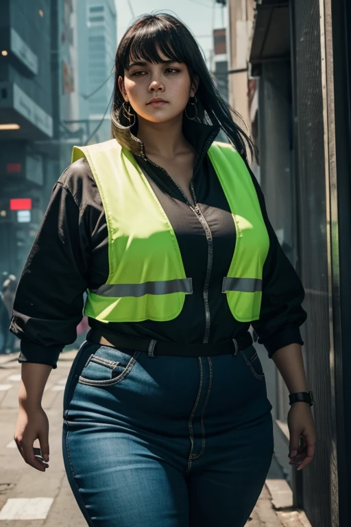 Cyberpunk, Somoan woman, Heavyset woman, wearing workers clothing, middle aged, wearing a safety vest