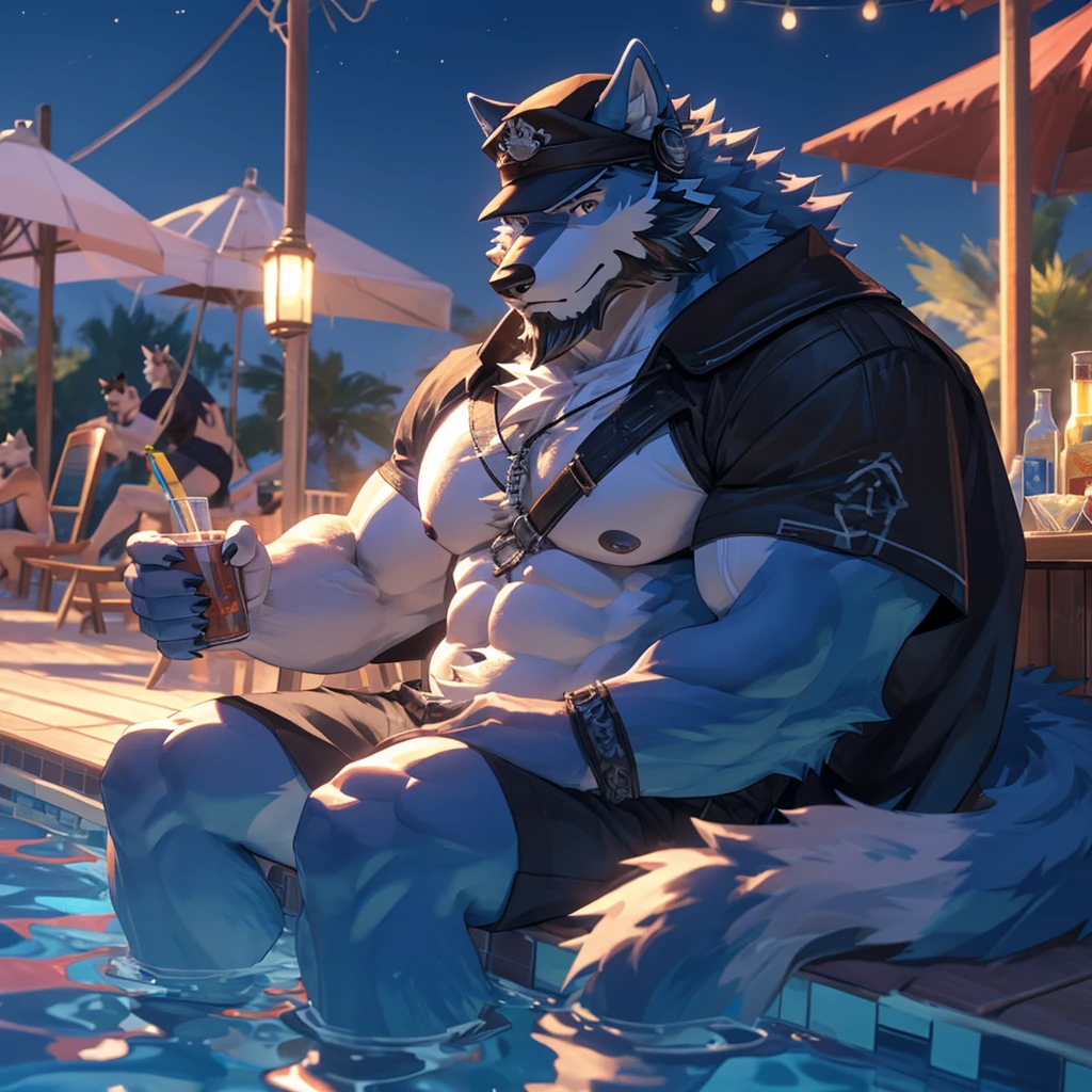 (Best Quality), (Ultra Details), (Eyes Details), (Ultra HD) ,Furry, anthro, Wolf, Light Blue Fur , Muscle , Beard , Middle Ages , Half Naked , Wearing Black Cap , Pool Party , Sit Alone , Wearing Headphone
