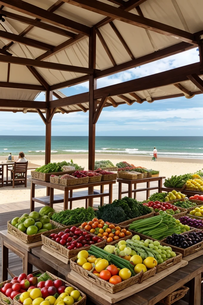organic food market with lighthouse beach view