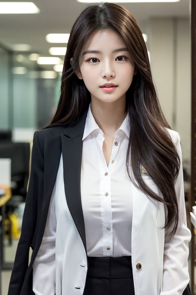 {2.5D art style} Han Julie is a young Korean woman in her 28s. Her hair is long in a dark color. Her face is oval and marked by her large brown eyes, which carry a cold, unexpressive face. Her skin is radiant and clear, presenting an impeccable state of health and her curved lips. Her height is medium, her body athletic and defined, with the most charming and provocative. It contrasts and matches their personalities. She is in her office at the company in the night, wearing a black shirt