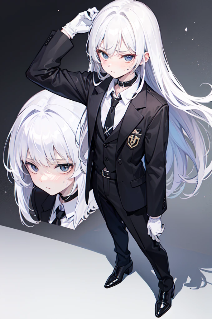 18-year-old boy, white and tender skin, cute, wearing white long-sleeved shirt, black jacket and black work tie, black trousers, black booties, white gloves, collar, white hair, black eyes, thin waist, thin legs, handsome, disdainful and indifferent expression, shy, blushing, afraid, sweating, tired, pornography, Pornographic action