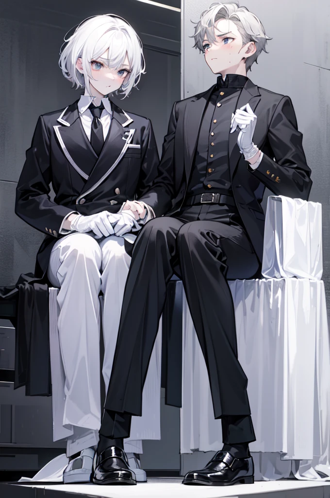18-year-old boy, white and tender skin, cute, wearing white long-sleeved shirt, black jacket and black work tie, black trousers, black booties, white gloves, collar, white hair, black eyes, thin waist, thin legs, handsome, disdainful and indifferent expression, shy, blushing, afraid, sweating, tired, pornography, Pornographic action