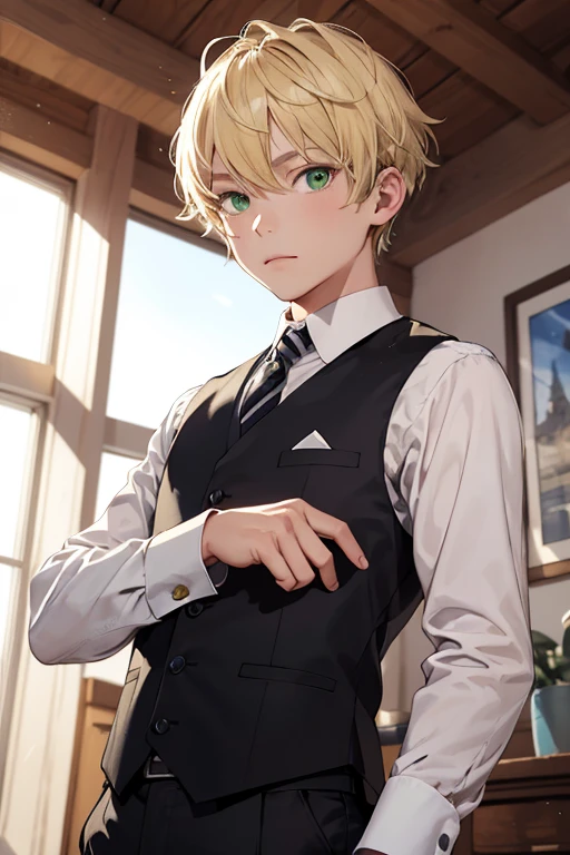 ((Best Quality)), ((Masterpiece)), (detailed)) four year old boy, with oil paint, short blonde hair, green eyes. The person in the image is wearing a formal suit consisting of a white long-sleeved shirt and a black vest on top. The vest has buttons on the front and the person is also wearing a black tie with diagonal stripes. The shirt collar is visible above the vest and the shirt cuffs are also visible at the wrists. The person&#39;s pose is one of confidence or preparation. Stands with one hand on hip and body slightly turned to offer a three-quarter view to the observer. There seems to be light from behind, creating shadows on parts of clothing and highlighting edges such as shoulders and arms, an expression would be on his face.