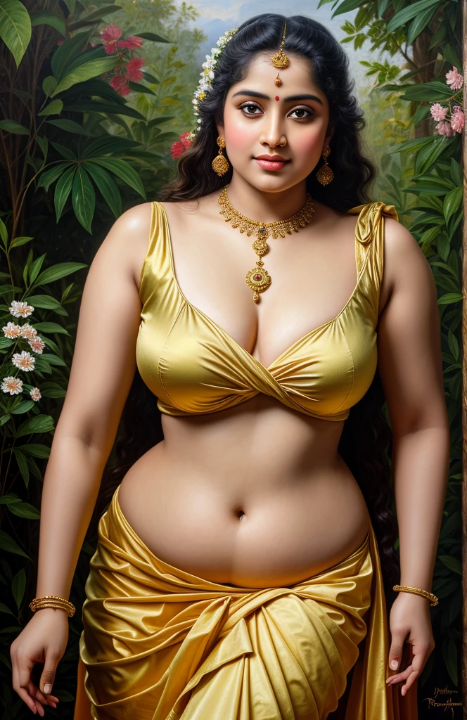 Looks like Jannat Zubair, Beautiful Indian Woman, wearing saree, sari Beauty, gorgeous, curvy, sexy navel folds, Apsara, Maharani, royal queen woman, nymph from Hindu Mythology, Urvashi, matchless beauty, Highly detailed, Oil Painting by Peter Paul Rubens inspired by Raja Ravi Varma, Matchless beauty, captivating, gorgeous, heavenly beauty, celestial beauty, by Peter Paul Rubens, , realistic, hyper realistic, micro details, incredible artwork, insane details, ultra High resolution, 8k, 32k, acrylic on canvas, intricate, flawless, detailed, detailed face, detailed eyes, masterpiece, by Peter Paul Rubens, by Caravaggio, by William Adolphe bouguereau, perfect face, perfect body, beautiful art, realism, baroque, renaissance Art, highly textured, beautiful and detailed eyes, uhd, best quality,
