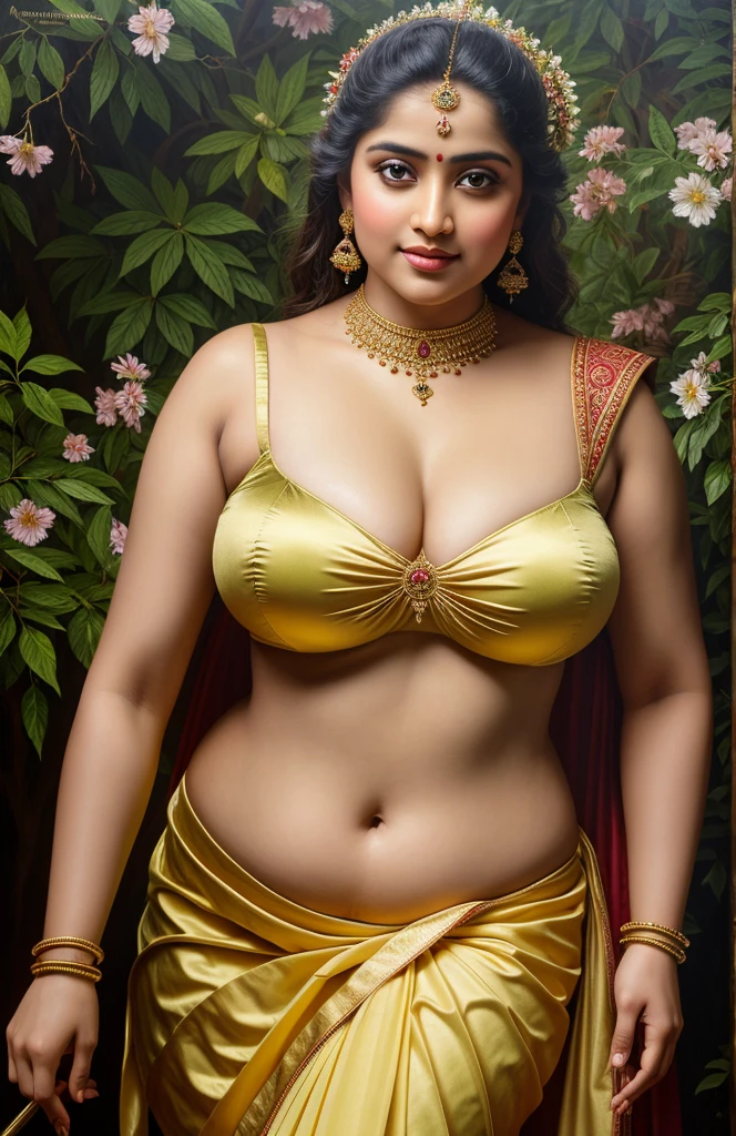 Looks like Jannat Zubair, Beautiful Indian Woman, wearing saree, sari Beauty, gorgeous, curvy, sexy navel folds, Apsara, Maharani, royal queen woman, nymph from Hindu Mythology, Urvashi, matchless beauty, Highly detailed, Oil Painting by Peter Paul Rubens inspired by Raja Ravi Varma, Matchless beauty, captivating, gorgeous, heavenly beauty, celestial beauty, by Peter Paul Rubens, 13, realistic, hyper realistic, micro details, incredible artwork, insane details, ultra High resolution, 8k, 32k, acrylic on canvas, intricate, flawless, detailed, detailed face, detailed eyes, masterpiece, by Peter Paul Rubens, by Caravaggio, by William Adolphe bouguereau, perfect face, perfect body, beautiful art, realism, baroque, renaissance Art, highly textured, beautiful and detailed eyes, uhd, best quality,