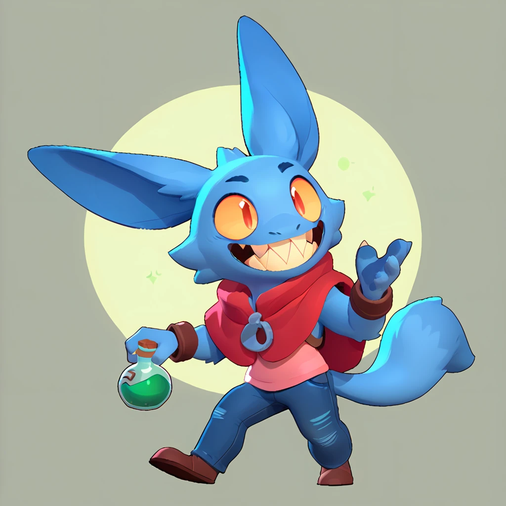 Full body view from a round creature with blue fur, male, long ears, smiling, sharp teeth, wearing jeans, friendly round creature, holding a green potion in his hand