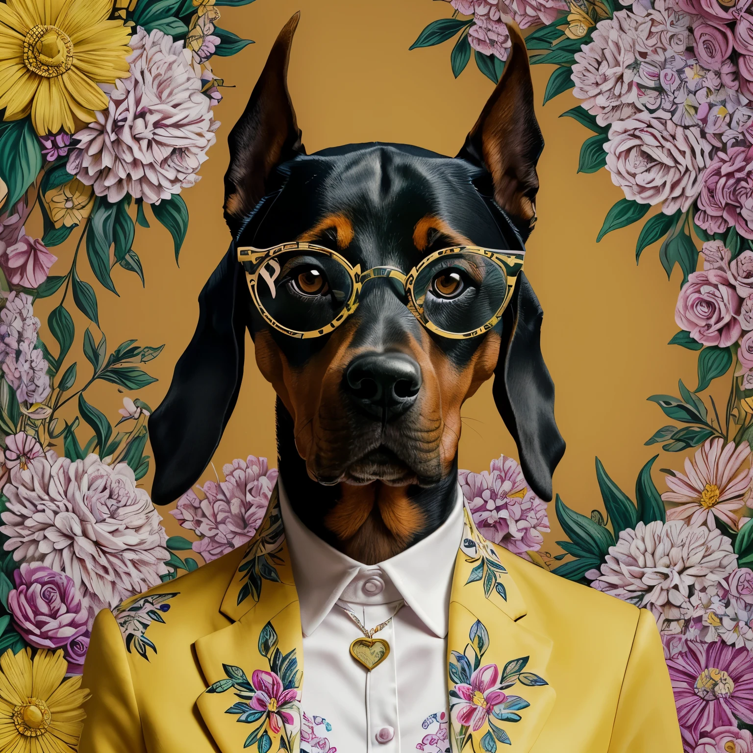 ((masterpiece, excellent quality, high-precision drawing of details, 4K, high degree of detail)), blonde woman of 30 years old, mysterious half-smile, bright elegant floral jacket on a yellow background, with wide lapels, with a heart pendant, a shirt with a narrow stripe of white and sky blue colors, round glasses of color fuchsias, ((next to her is a dog of the Doberman parody)), (((with a painting by Annabel Kidston, winner of the behance competition, "naive art"))) "maximalism", "fauvism", "pop art" in the style of pop art.)).