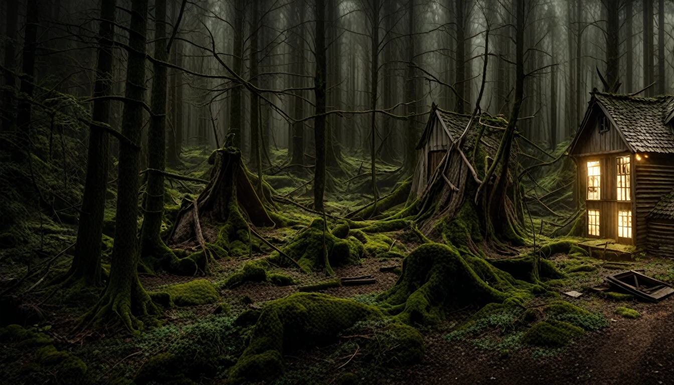 A house in the middle of a dark, dimly lit forest