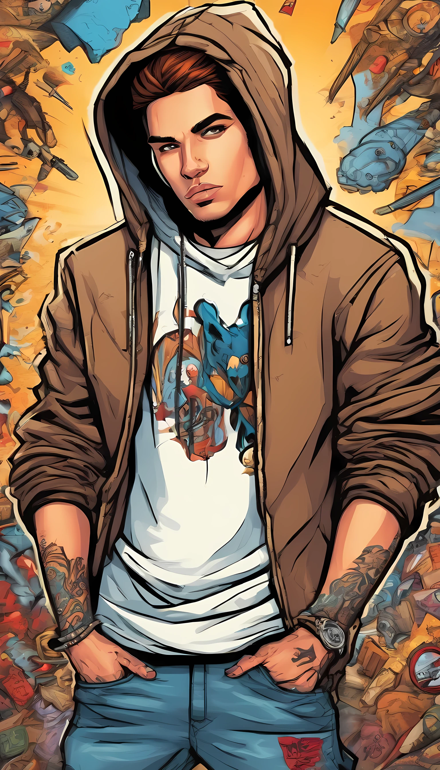 A cool and trendy rapper, brown hair, brown eyes, wearing trendy hip hop clothing, wearing a hoodie, graphic t-shirt and torn jeans, tons of tattoos and piercings, graffiti style background, highly detailed background, perfect masterpiece, high quality, high resolution
