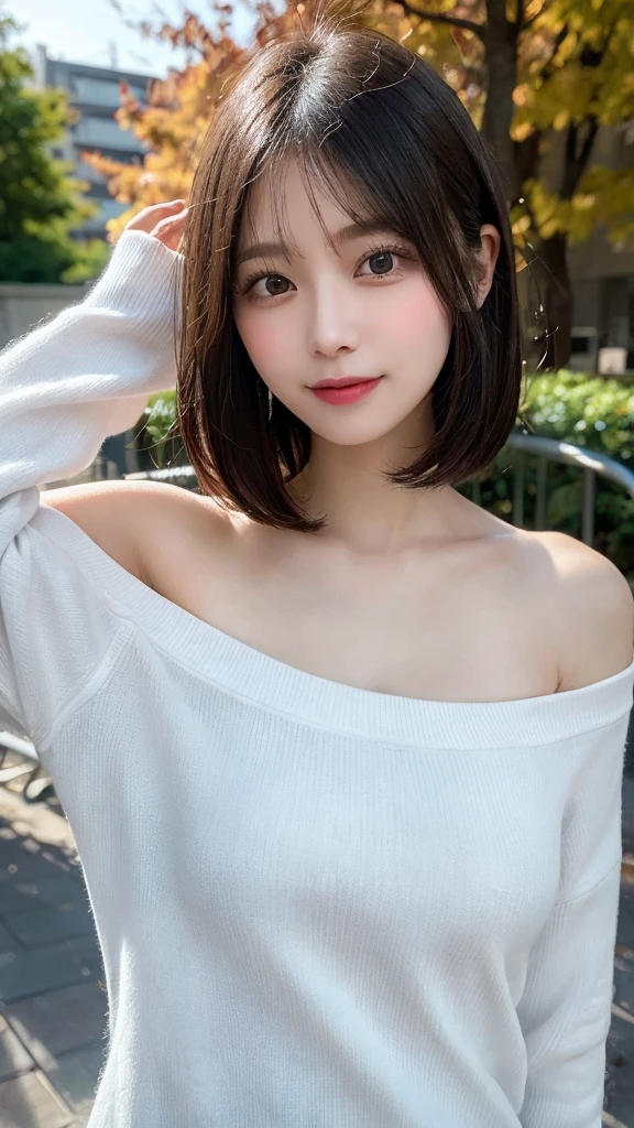 randome pose, mix4, (8K, Raw photography, top-quality, ​masterpiece: 1.45), (realisitic, Photorealsitic: 1.37), one girls, cute little, A smile、Cityscape, natta, profetional lighting, plain,a park,photon maping, Radio City, physically-based renderingt, Gradient black hair, white  hair, Straight short bob cut,gals,a handsome, girl with, large full breasts,long-sleeve,cloak,Autumn clothes,Autumn outfit,top quality photo, hight resolution, 1080P, (clearface), (Detailed face description), (Detailed hand description), (​masterpiece), lifelike, extreme light and shadows, dishevled hair, ​masterpiece, lush detail, (Fine facial features), (Highest Quality Photos), (​masterpiece), (finely eye), dual、Look in front of you, Fine clavicle,Emphasis on the armpits、Show lower milk,