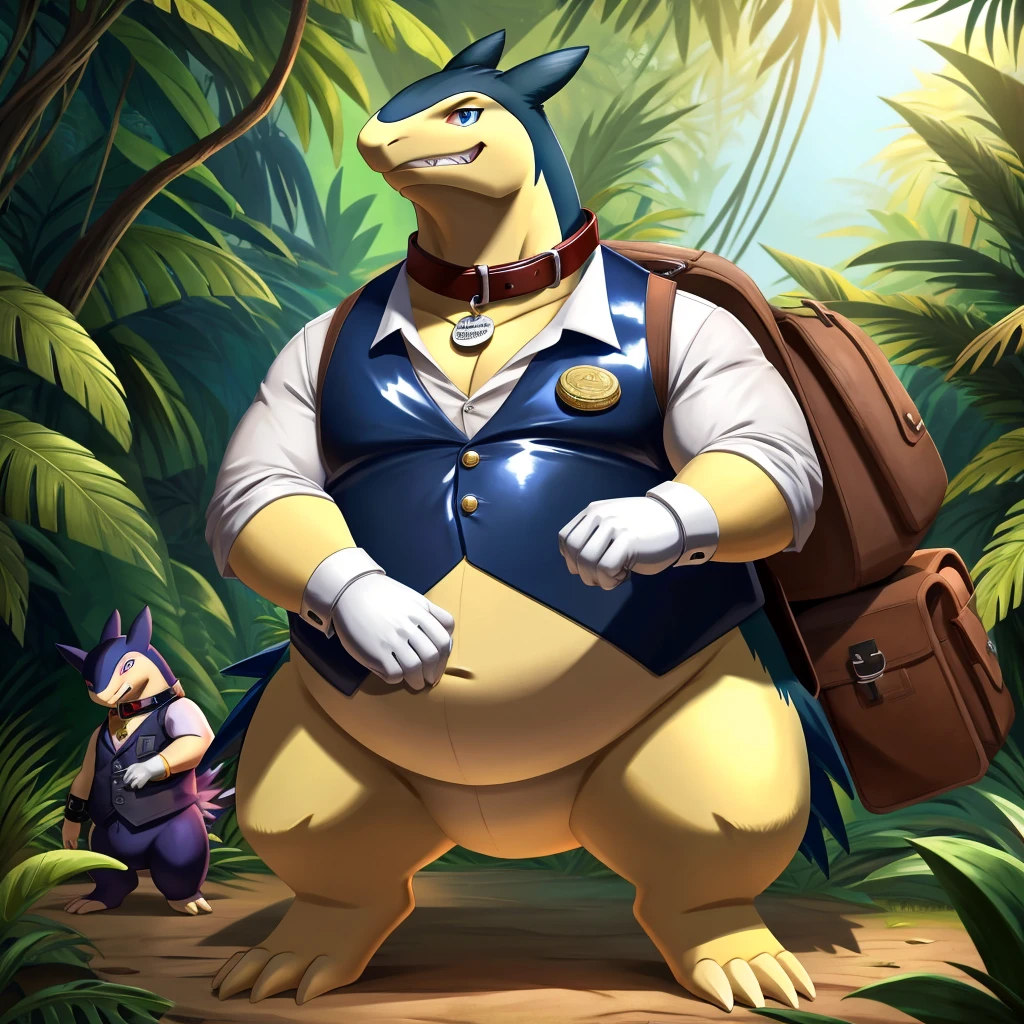 Male, fat, extremely obese, gentleman, dapper Professor Typhlosion, blue eyes, (posing:1.3), (soft shading), 4k, hi res, ((detailed face, detailed)), looking at viewer, evil grin, jungle, forest, collared shirt with buttons, top hat, male focus, Explorer Outfit, glasses, monocle, bag, vest with buttons, backpack, sleeves rolled up, round eyewear, brown headwear, brown vest, Typhlosion is wearing a glossy leather dog collar around the neck, Typhlosion is wearing the leather collar and shirt and vest at the same time, Typhlosion is wearing glossy white rubber gloves on the hands, wearing white rubber gloves on the feet, Typhlosion is wearing glossy white cuffs around the wrists, gold cufflinks gloves are rubber in texture, clenching teeth, clenching fists, leather collar is glossy and shiny with a lot of detail, Typhlosion is wearing gloves and cuffs and cufflinks at the same time, leather collar has a round dog-tag.