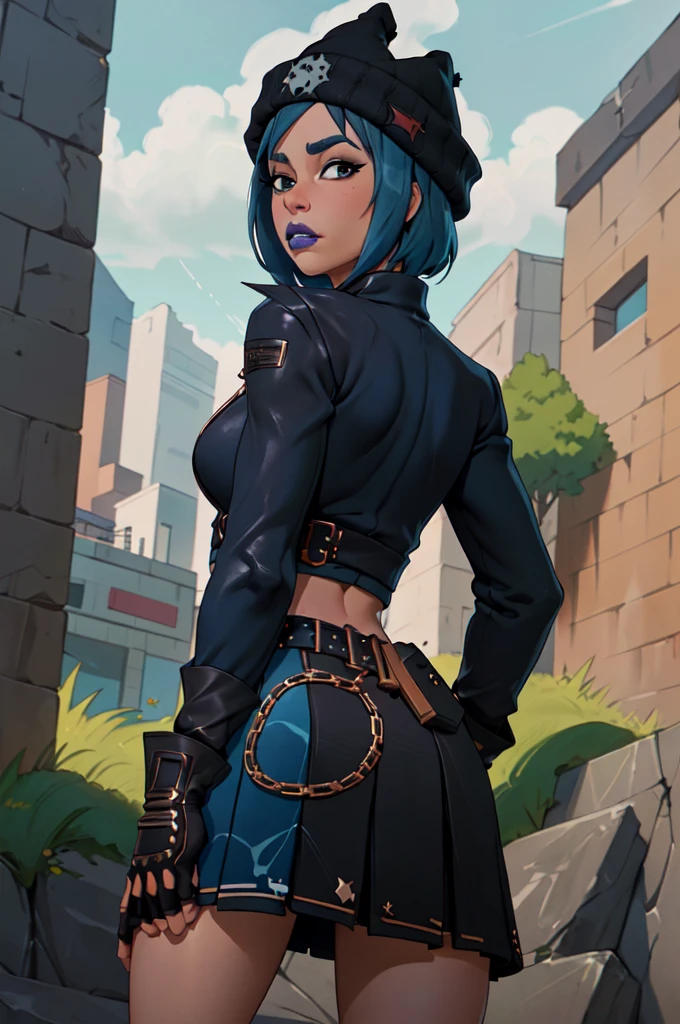 (masterpiece, best quality, absurd, beautiful, sharp, detailed), cinematic angle, 1 girl, hope, blue lips, beanie, navel, blue hair, jacket, skirt, belt, fingerless gloves, looking back, is with your back turned, don't look at the camera