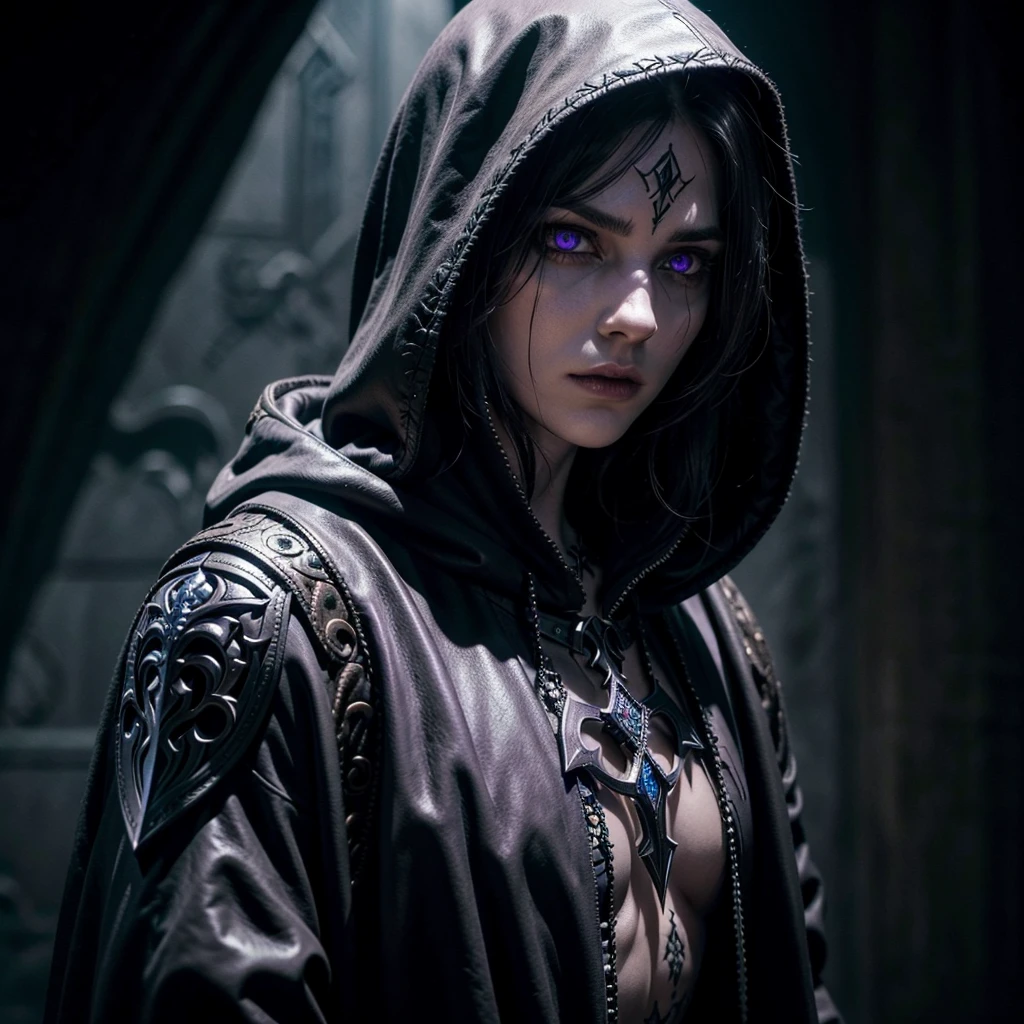 A highly detailed portrait of a Breton necromancer/stealth hybrid worshiper of Namira, brown leather armor, hooded robe, glowing purple eyes, pale skin, sinister expression, intricate tattoos, holding an ornate dagger, dark shadowy background, dramatic lighting, dark fantasy, cinematic composition, muted color palette, high contrast, photorealistic