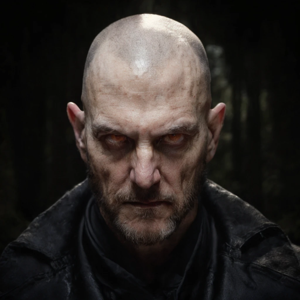 (masterpiece)+, (extremely (realistic)+,a portrait of an ugly adult male cultist, bald, Maniacal cold stare. Looking in camera. volumetrics dtx, Photorealistic, ultra detailed, Artstation trending, very very detailed, realistic shaded lighting, dynamic shadows, detailed Dark forest background, upper body, professional photograph of a detailed skin, sharp focus, dramatic, award winning, cinematic lighting, octane render, unreal engine, volumetrics dtx, Photorealistic, ultra detailed, Artstation trending, very very detailed, hyperrealistic, fine details, realistic shaded lighting, dynamic shadows, Dark forest background, add_detail:1, skin pores and wrinkles, details.,More Reasonable Details