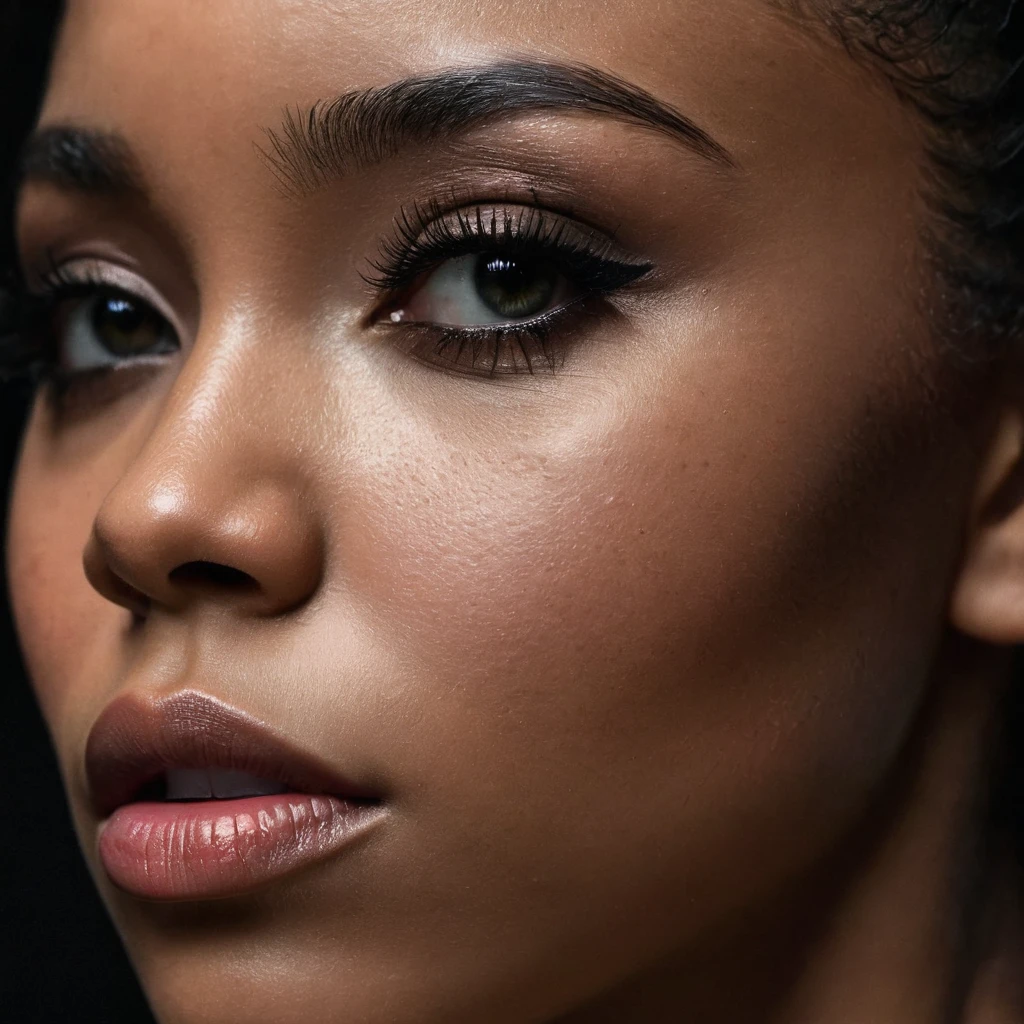 close up and zoomed in on a beautiful depressed emotional sad crying black girl and a black background, sad, depressed, emotional, close up on side profile only showing cheek and eyelight falling on face, ???? photorealism, mysterious portrait of a woman, chiaroscuro portrait, close up on side profile, tinashe, zoe kravitz, zoomed in on tear drop, euphoria vibes, black and white, dark
