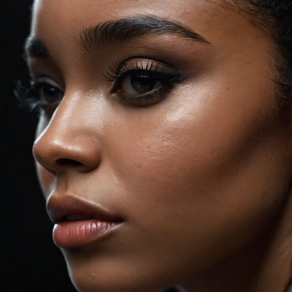 close up and zoomed in on a beautiful depressed emotional sad crying black girl and a black background, sad, depressed, emotional, close up on side profile only showing cheek and eyelight falling on face, noir photorealism, mysterious portrait of a woman, chiaroscuro portrait, close up on side profile, tinashe, zoe kravitz, zoomed in on tear drop, euphoria vibes, black and white, dark