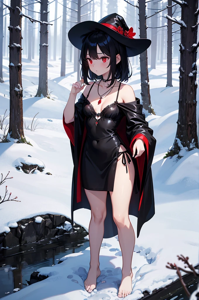 a beautiful and sexy witch in the middle of a snowy forest, standing girl  young girl,scantily clad , small breasts, short black dress, necklaces, jewelry decorations, red and black hair, red eyes, full body, bare feet