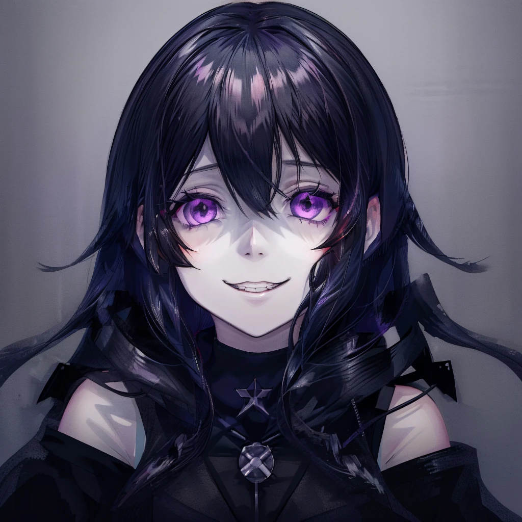 best quality, masterpiece, very aesthetic, half-length portrait, close shot, front view, facing_viewer, Front Facing,1 girl, black hair, long hair, monochromatic, pale face, crazy eyes, insane, sleeveless turtleneck, wearing coat with low hanging shoulders, purple eyes, looking_at_viewer, yandere face, gesugao, grin, black linings, stark white background, plain background, simple_background ,edgGesugao, yandere, shaded face

