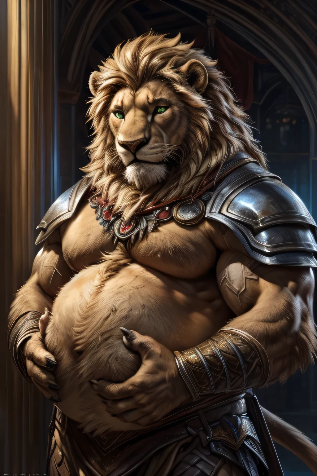 Lion, mong blond mane, black beard, green eyes, realistic eyes, posted on e621, furry body, anthro body, anthro lion, claws on hands, pws realistic, lion, solo, male, adult, masculine, (very very fat and big belly, very fat body, arm muscles, buff:1.2), correct anatomy, (photorealistic fur, detailed fur, epic, masterpiece:1.2), knight armor, lion chevalier, in the montaines, luminous, (by echin, by Taran Fiddler, by Juiceps, by Rukis), (detailed eyes:1.2), impressive physique, flexing biceps with one arm with a sword, seductive face, face portrait realistic 