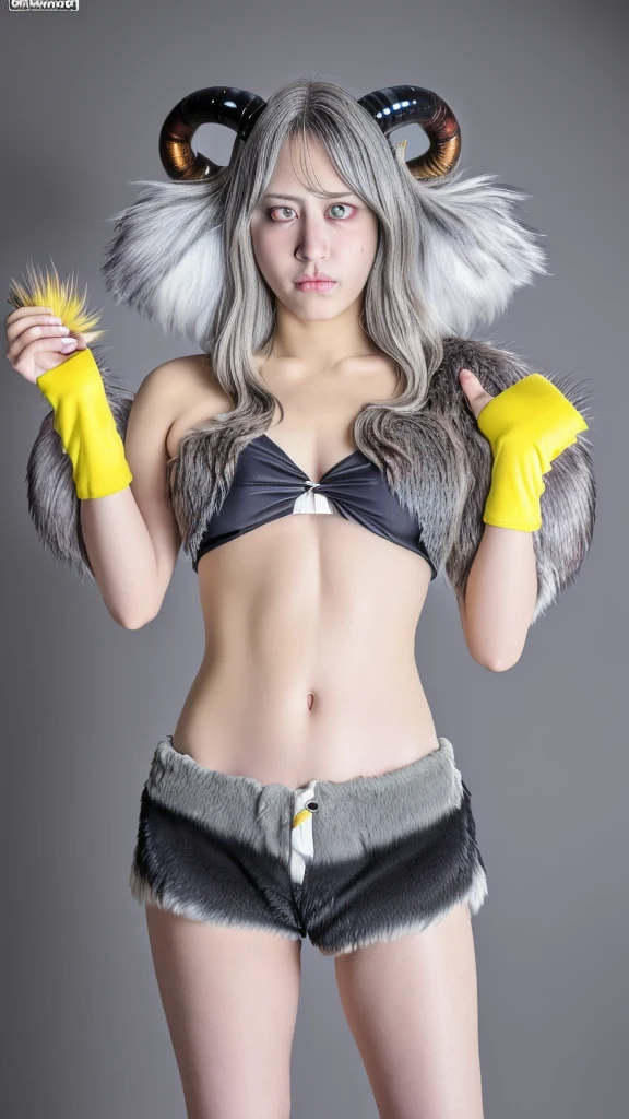 (Dagashi: 1.1), break, masterpiece, High resolution, 8K, Detailed Background, high quality, break, break, ((ライトブルーのfur, Gray Hair, black sclera, Ghost Horn, Two Corners, Yellow Eyes, fluffy, 細かいfur)) fur, break, male, humanoid, Shorts, Trident, Swim trunks