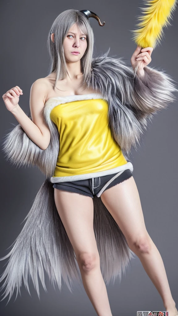 (Dagashi: 1.1), break, masterpiece, High resolution, 8K, Detailed Background, high quality, break, break, ((ライトブルーのfur, Gray Hair, black sclera, Ghost Horn, Two Corners, Yellow Eyes, fluffy, 細かいfur)) fur, break, male, humanoid, Shorts, Trident, Swim trunks